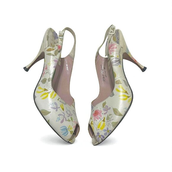 Vintage French Bootery 1950s Floral Leather Peep Toe Slingback Heels –Size 8.5B - Picture 2 of 15